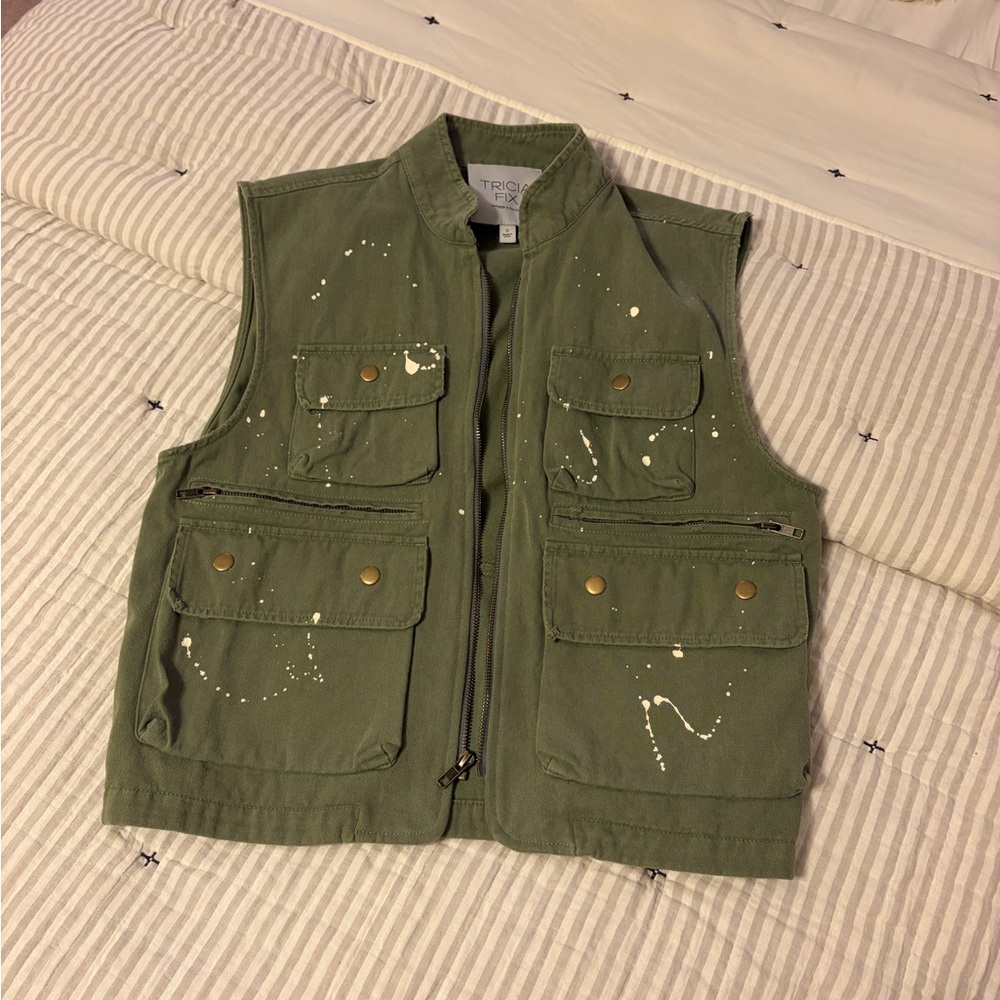 Free People x Tricia Fix Green Utility Vest with Paint Splatter